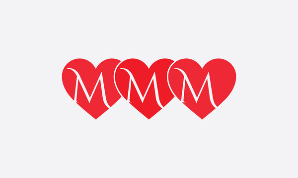 Triple Hearts shape MMM. Red heart sign letters. Valentine icon and love symbol. Romance love with heart sign and letters. Gift red love