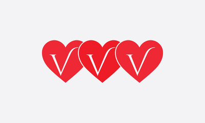 Triple Hearts shape VVV. Red heart sign letters. Valentine icon and love symbol. Romance love with heart sign and letters. Gift red love