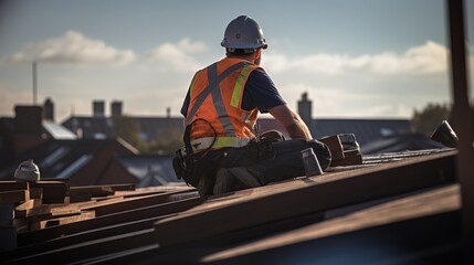 Construction worker installing slates on a sloping roof of a new building - obrazy, fototapety, plakaty