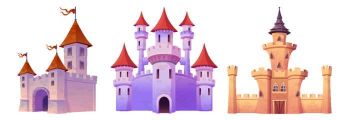Fairytale medieval castle for fantasy kingdom. Cartoon vector illustration set of magic fantasy king fortress palace with princess tower. Royal building with flags on turret, gates and windows.