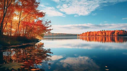 Beautiful autumn landscape with a serene lake and colorful trees in the background