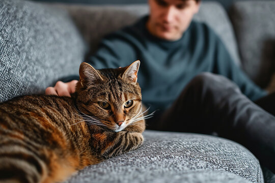 Young man sitting on a gray sofa caresses the head of a brown tabby cat 