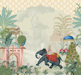 Traditional Mughal king, mahout riding elephant in a garden illustration vector pattern for wallpaper