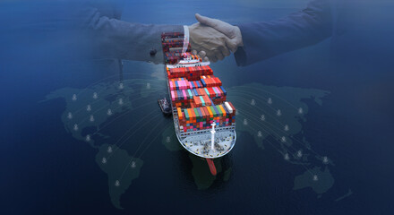 Double exposure of businessman handshake partnership ship cargo business commercial logistic and...
