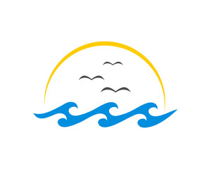 Blue wave with sunset vector logo