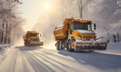 Orange trucks snow plows with forest tree background. Snow plow pickup trucks equipped for winter weather and efficient snow removal operations on high way. - obrazy, fototapety, plakaty
