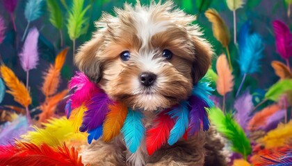 A cute dog made of colorful feathers wallpaper