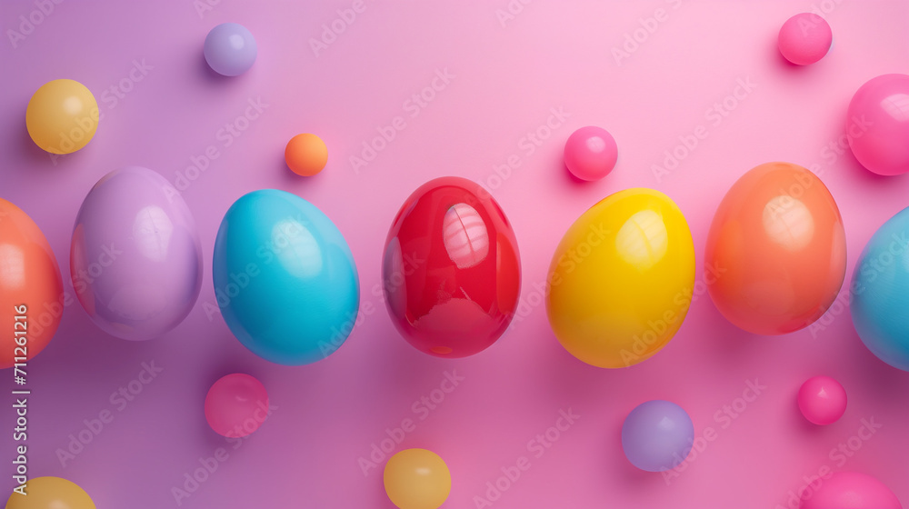 Wall mural Colorful Easter eggs and small candy spheres scattered on a pastel pink background, symbolizing Easter celebrations