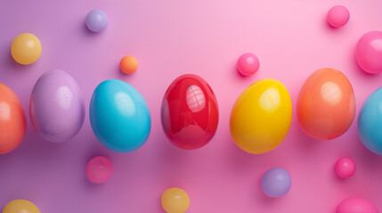 Colorful Easter eggs and small candy spheres scattered on a pastel pink background, symbolizing Easter celebrations