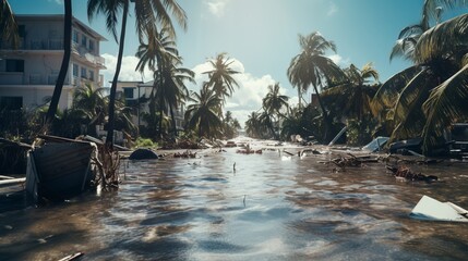 Hurricane aftermath: Flooded streets and damaged buildings on a tropical island. Aerial view of the impact of climate change on coastal communities. - obrazy, fototapety, plakaty