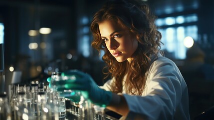 Female chemist in protective uniform. scientific research theme - obrazy, fototapety, plakaty
