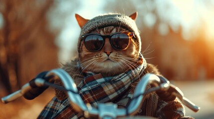 Cat hipster ride with bicycle