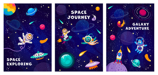 Space posters with cartoon characters and starry galaxy landscape. Galaxy discovery vector posters or banners with kid astronaut on rocket, alien cheerful personages, space planets, and UFO saucer