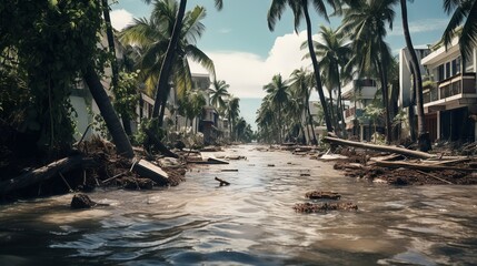 Hurricane aftermath: Flooded streets and damaged buildings on a tropical island. Aerial view of the impact of climate change on coastal communities. - obrazy, fototapety, plakaty