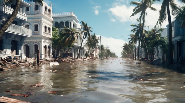 Hurricane aftermath: Flooded streets and damaged buildings on a tropical island. Aerial view of the impact of climate change on coastal communities.