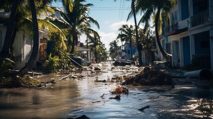 Hurricane aftermath: Flooded streets and damaged buildings on a tropical island. Aerial view of the impact of climate change on coastal communities.