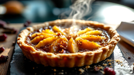 Closeup of a homemade apple tart on a rustic wooden table.
