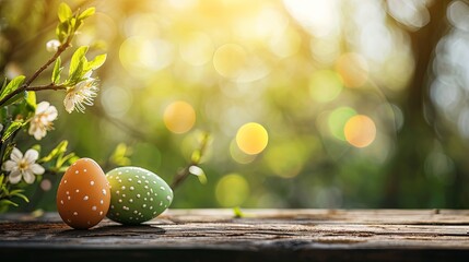 Background of easter egg on rusty wooden table blur bokeh nature background. Easter Concept - obrazy, fototapety, plakaty