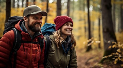 Fototapeta premium Happy couple hiking in autumn forest with colorful foliage and backpacks