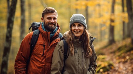 Happy couple hiking in autumn forest with colorful foliage and backpacks - obrazy, fototapety, plakaty