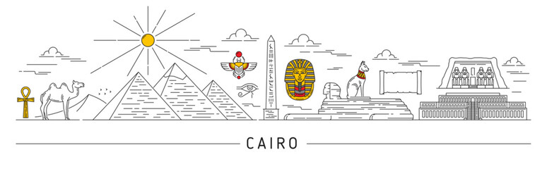 Egypt silhouette, Cairo and other egyptian travel landmarks. Vector skyline, thin line pyramids in Africa desert landscape. Outline Sphinx monument, papyrus scroll, pharaoh black cat, ankh and camel - obrazy, fototapety, plakaty
