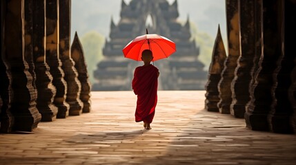 Buddhist child monk with red umbrella