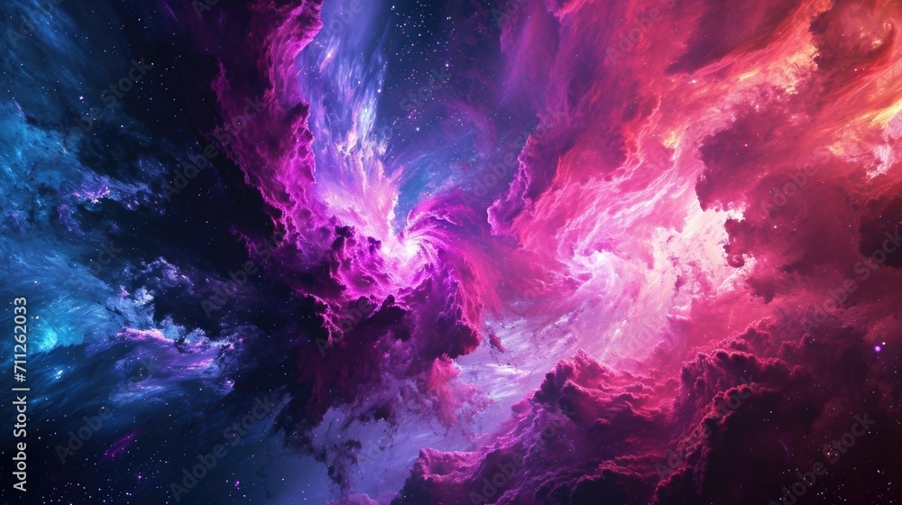 Poster a neoncolored galaxy collision with colors of pink purple and electric blue colliding and merging in