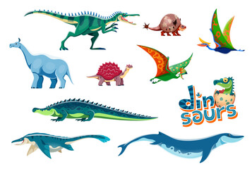 Cartoon dinosaurs childish personages. Baryonyx, Doedicurus, Quetzalcoatlus and Tapejara, Carbonemys, Sarcosushus and Mosasaurus, Basilosaurus prehistoric reptile, dinosaur vector funny characters set