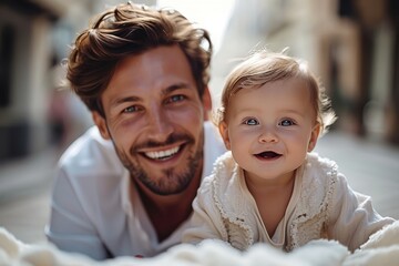 Happy dad throws the baby up. Generative AI. - obrazy, fototapety, plakaty