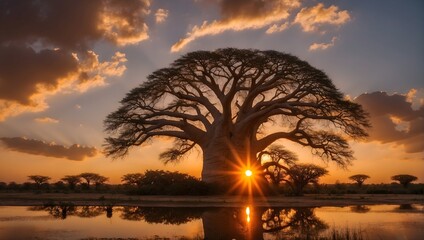 baobab tree and sunset - obrazy, fototapety, plakaty