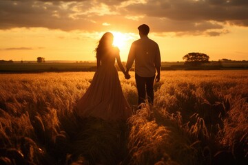 Silhouetted in the golden light of the setting sun, a man and woman stroll through a picturesque field, hand in hand, Couple holding hands in a field at sunset, AI Generated - obrazy, fototapety, plakaty