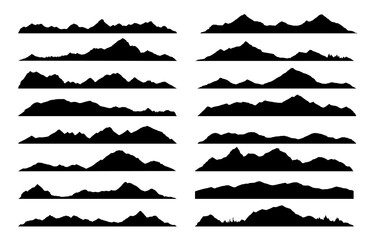 Mountain, hill and rock black silhouettes, vector rocky valley landscape shapes. Mount peak or canyon range and alpine valley hills silhouette icons for hiking, camping or climbing sport and travel - obrazy, fototapety, plakaty