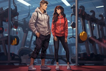 Obraz premium A man and a woman confidently stand in front of a gym, ready to take on their fitness journey together, Couple in gym, AI Generated