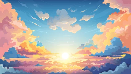Foto op Plexiglas Sky sunset anime background with clouds, that dance across the horizon, creating a breathtaking and serene backdrop. Cartoon vector cumulonimbus cloudscape, heaven, nature peaceful dusk landscape © Vector Tradition