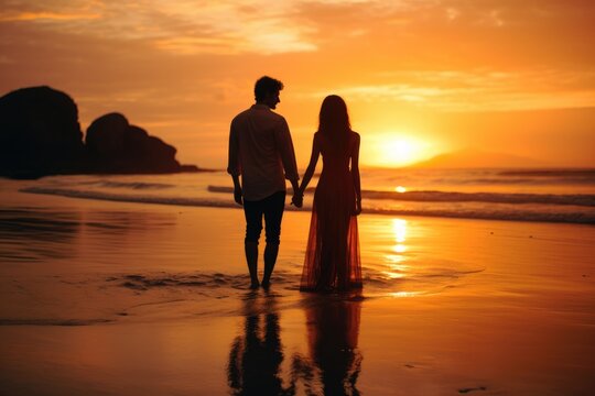 A man and a woman walk hand-in-hand on the sandy beach, bathed in the warm hues of a breathtaking sunset, couple on the beach at sunset, AI Generated