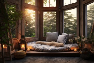 Immerse yourself in a tranquil setting featuring a room filled with natural light from a large window and an array of flickering candles, Cozy corner for home meditation and relaxation, AI Generated