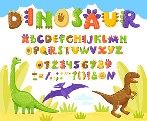 Obraz na płótnie Canvas Cartoon dino font, dinosaur type or funny reptile typeface with animals English alphabet, vector ABC. Kids dinosaur or Jurassic reptiles font type with dino letters and dinosaur typeface alphabet