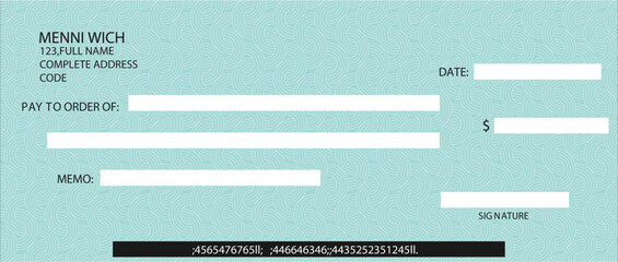 Blank bank cheque. Personal desk check template	 new  design