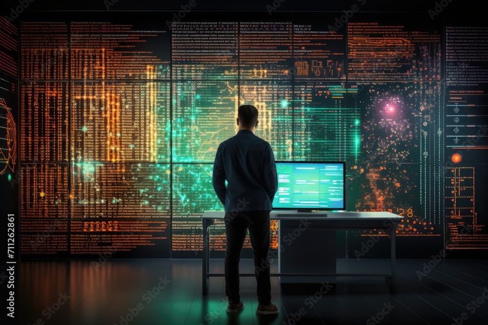 Poster a man stands in front of a computer monitor, focusing on the screen, data analysis digital emgineer 