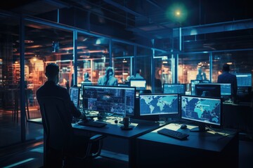 A man sitting at a desk in an office space, working on multiple computer monitors, cyber security in office, AI Generated