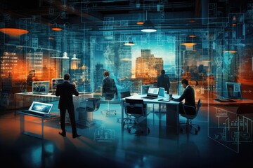 A gathering of individuals standing together in a room, surrounding a table, cyber security in office, AI Generated