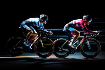 Obraz na płótnie Canvas Two cyclists fiercely race under the cover of darkness on their bicycles, Cyclist athletes riding a race at high speed, AI Generated