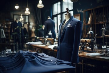 A single suit is displayed on a mannequin amidst a multitude of other mannequins in a room, Dark blue suits on a mannequin in the atelier, AI Generated - obrazy, fototapety, plakaty