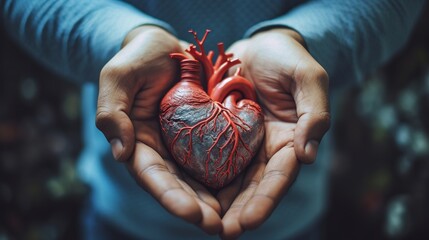 Man holding a human heart in his hand, symbolizing the risk of cardiovascular diseases - obrazy, fototapety, plakaty
