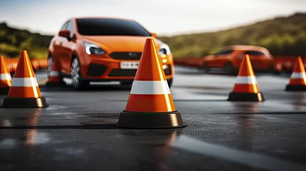 Foto auf Alu-Dibond Car with Traffic cones in driving school,   driving school concept, Copy space of transportation © Planetz
