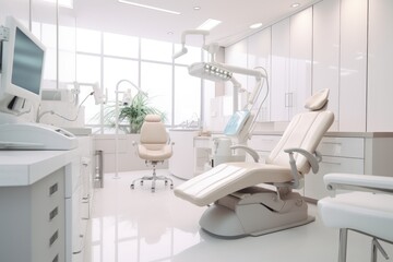 Experience a clean and modern dental clinic interior design with all-white furniture for a fresh and inviting atmosphere, Dentist office white interior with medical equipment, AI Generated