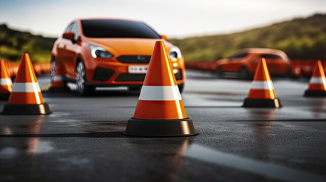 Car with Traffic cones in driving school,   driving school concept, Copy space of transportation