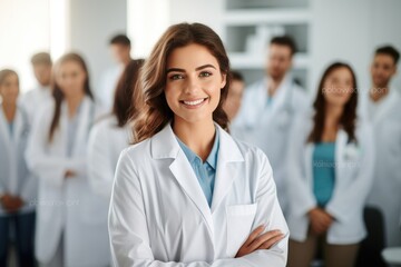Woman in Lab Coat Leading Group of People in Discussion, female woman doctor nurse portrait shot smiling cheerful confident standing front row in medical training class, AI Generated
