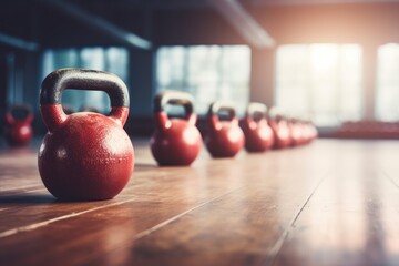 A lineup of kettles placed neatly on a wooden floor, fitness and weightlifting with kettlebell for...