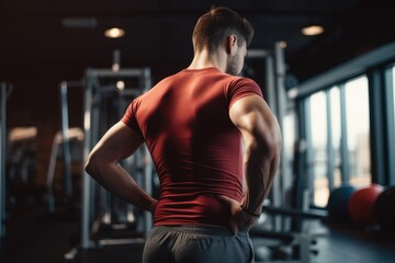 Fototapeta na wymiar A man stands in a gym facing away from the camera, situated within a spacious workout area, Fitness, back pain and hands of man at gym for training with muscle, AI Generated
